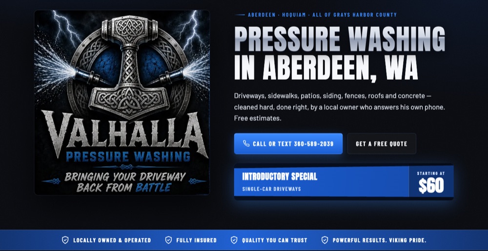 Valhalla Pressure Washing website homepage